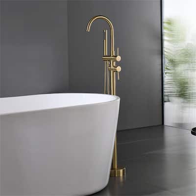 Freestanding Tub Faucet Brushed Gold Floor Mount Tub Filler with Double Handles and Handheld Shower Mixer Taps