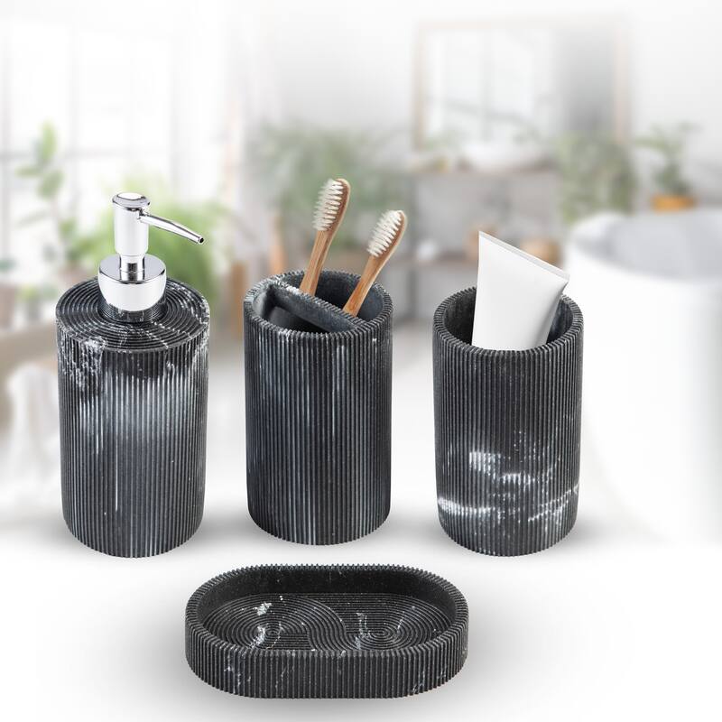Kralix 4pc Marble Effect Resin Bath Accessory Set - Black