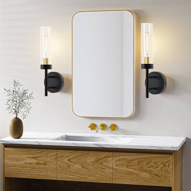 Bathroom Vanity Wall Sconces Hardwired - Set of 2 - Black & Gold
