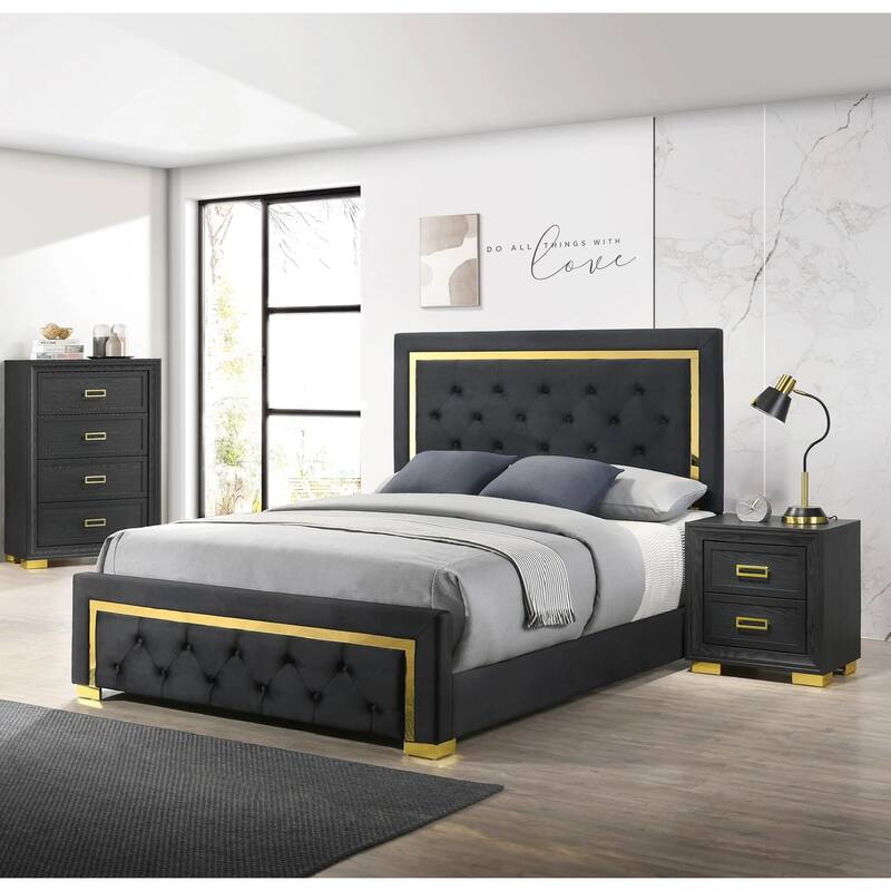 Queen Size Fabric Upholstered Panel Bed with Gold Accent Legs and Button-Tufted Headboard
