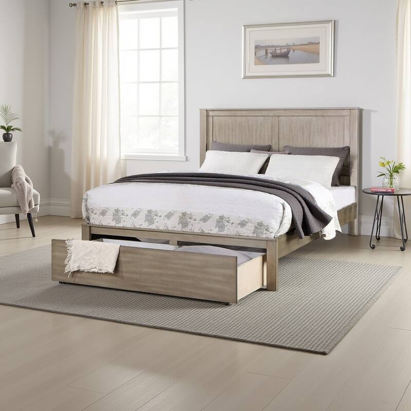 Kali Platform King Size Bed, Panel Design, Large Storage Drawer, Light Tan