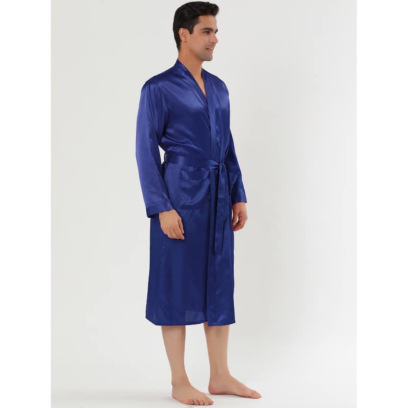 Men's Satin Robe Nightdress Sleepwear Pajama Dress Bathrobe - Blue - L