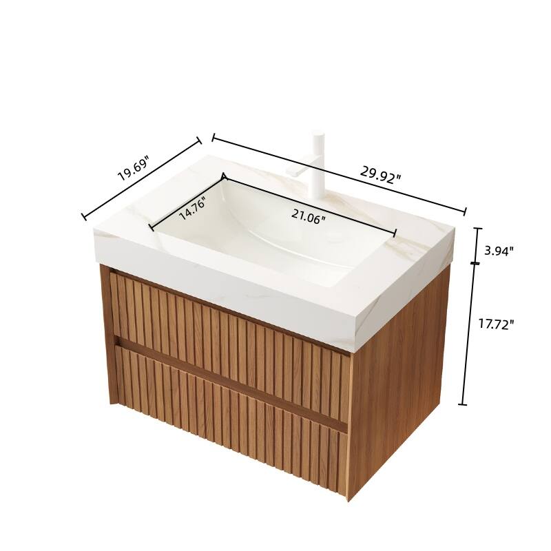 30" Bathroom Vanity with Ceramic Undermount Sink Floating Storage Cabinet with 2 Drawers, Pre-assembled