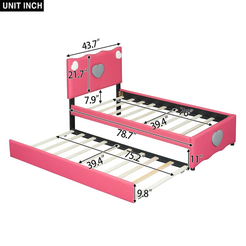 Twin Size Upholstered Platform Bed with Trundle and Heart Shaped