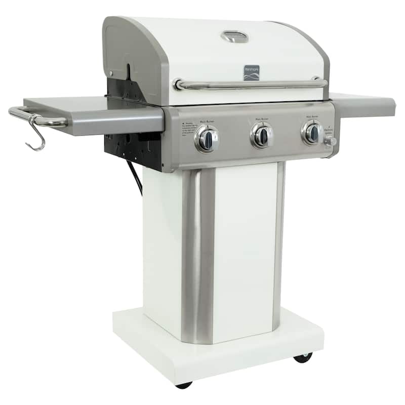 Kenmore 3-Burner Propane Gas Grill with Foldable Side Shelves - White