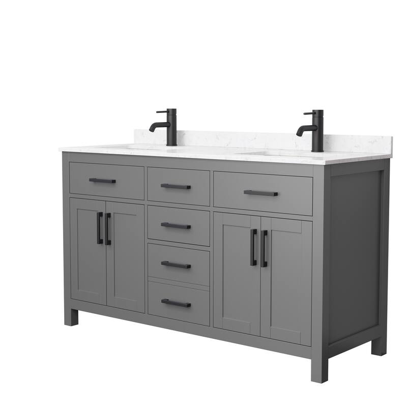 Beckett 60 Inch Double Vanity, Cultured Marble Top - Dark Gray, Black Trim, Carrara Cultured Marble Top