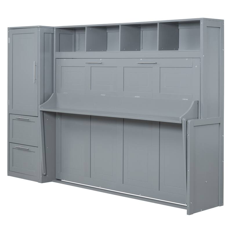 Multifunctional Murphy Bed with Top Shelf, Wardrobe, Drawers and Rack