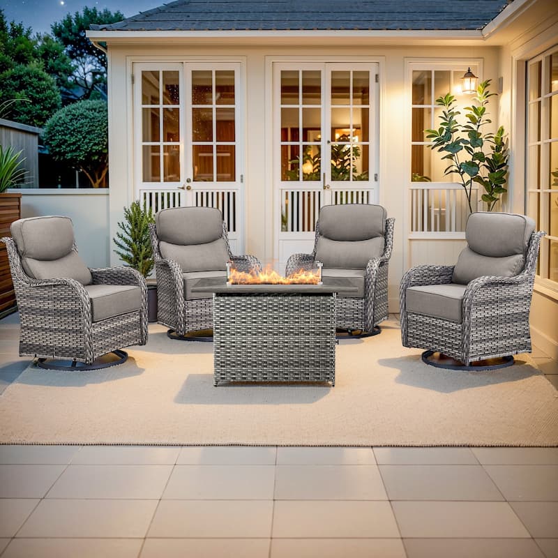 Pocassy Outdoor 6 Inch Sofa Swivel Chairs with Fire Pit Table Set - Grey Wicker Gray Cushion - 5 Pieces Swivel Chair with Fire Table