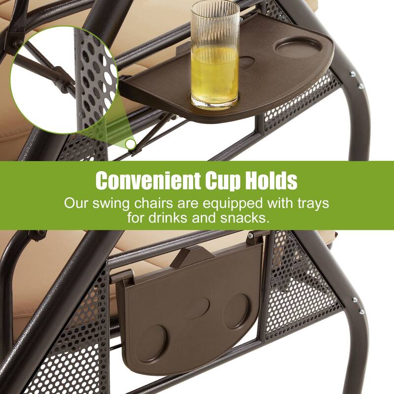 3-Seat Outdoor Porch Swing with Adjustable Canopy & Stand, Convertible Bed, All-Weather, Thickened Cushions & Cup Holders