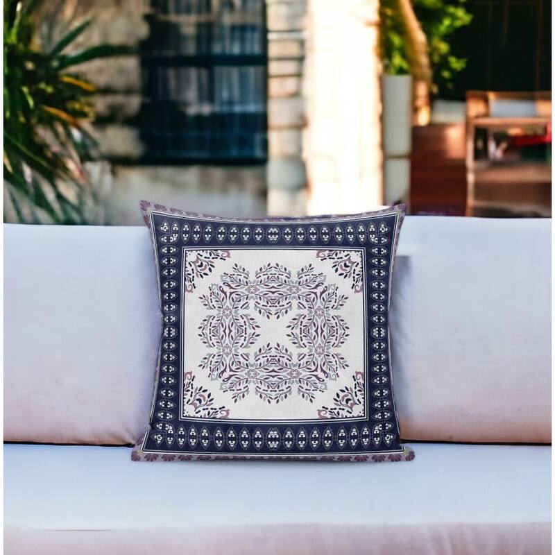 HomeRoots 16" X 16" Cream And Blue Blown Seam Geometric Indoor Outdoor Throw Pillow - 16.00' X '5.00' X '16.00 - Cream - 16.00' X '5.00' X '16.00