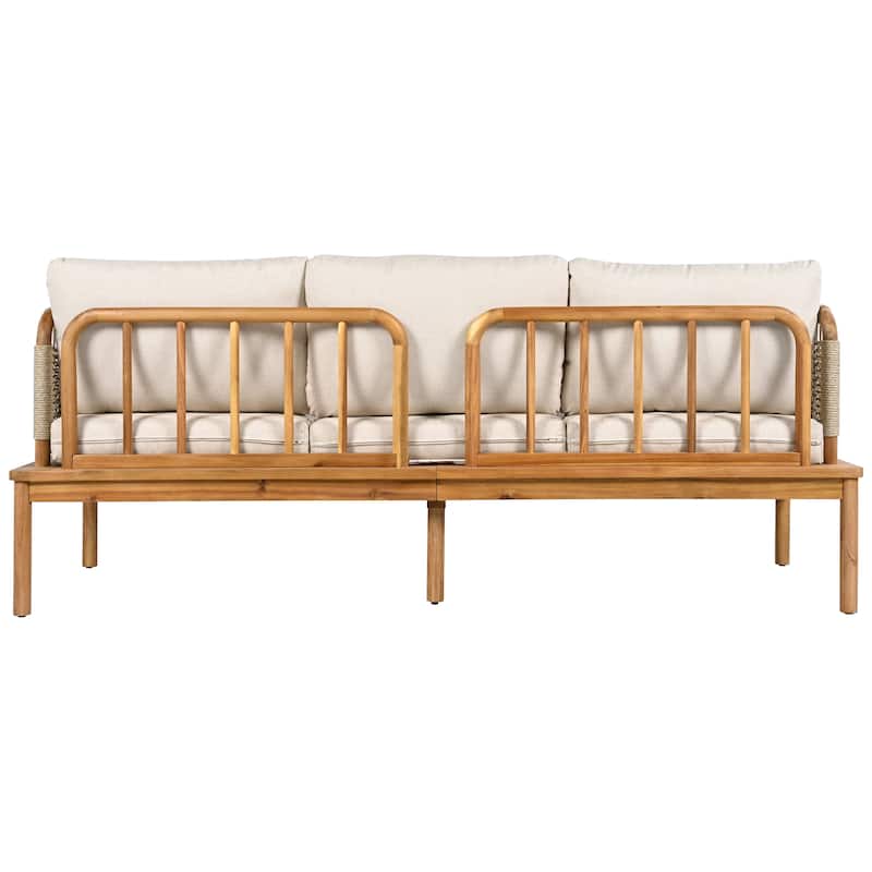 3-Piece Outdoor Patio L-Shaped Acacia Wood Rope Weave Sectional Sofa Set with Coffee Table and Ottoman