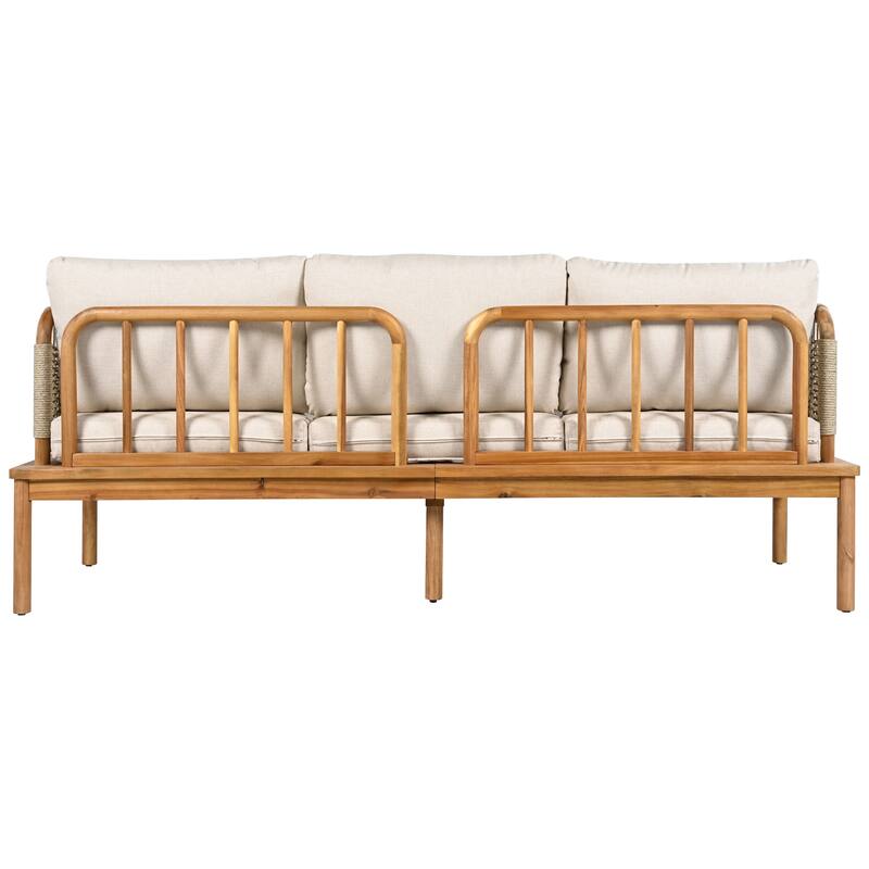 Roomfitters 3-Piece Outdoor Patio Sofa Set with Acacia Wood and Rope Accents, Cushioned Seating and Coffee Table, Beige