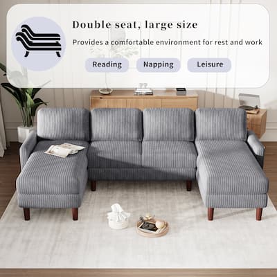 Corduroy Fabric Sectional Sofa with Chaise, U-shaped Modular Sofa Bed for Livingroom 4-Seater Reading Sofa