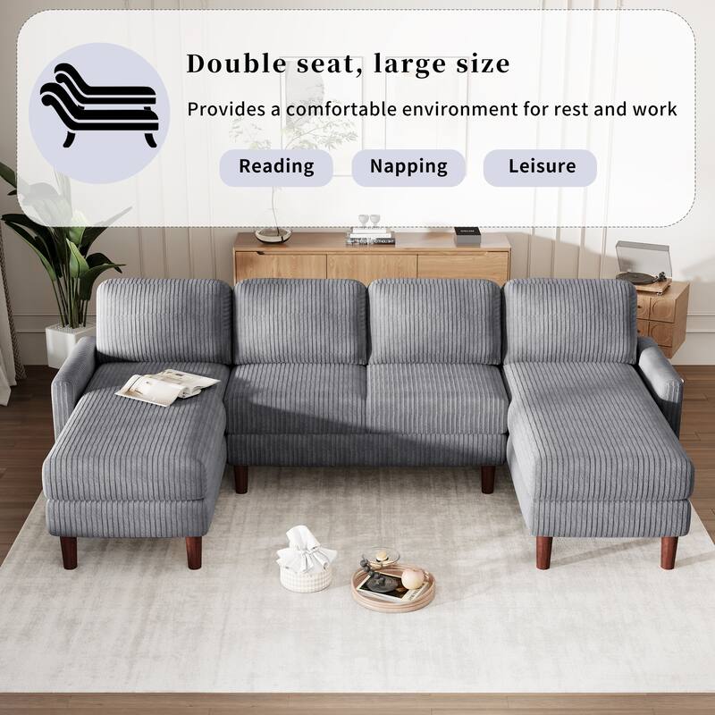 Grey 103'' Versatile U-Shaped 4-Seat Sectional Sofa with 2 Chaises, Solid Wood Legs, and Spacious Seating Areas
