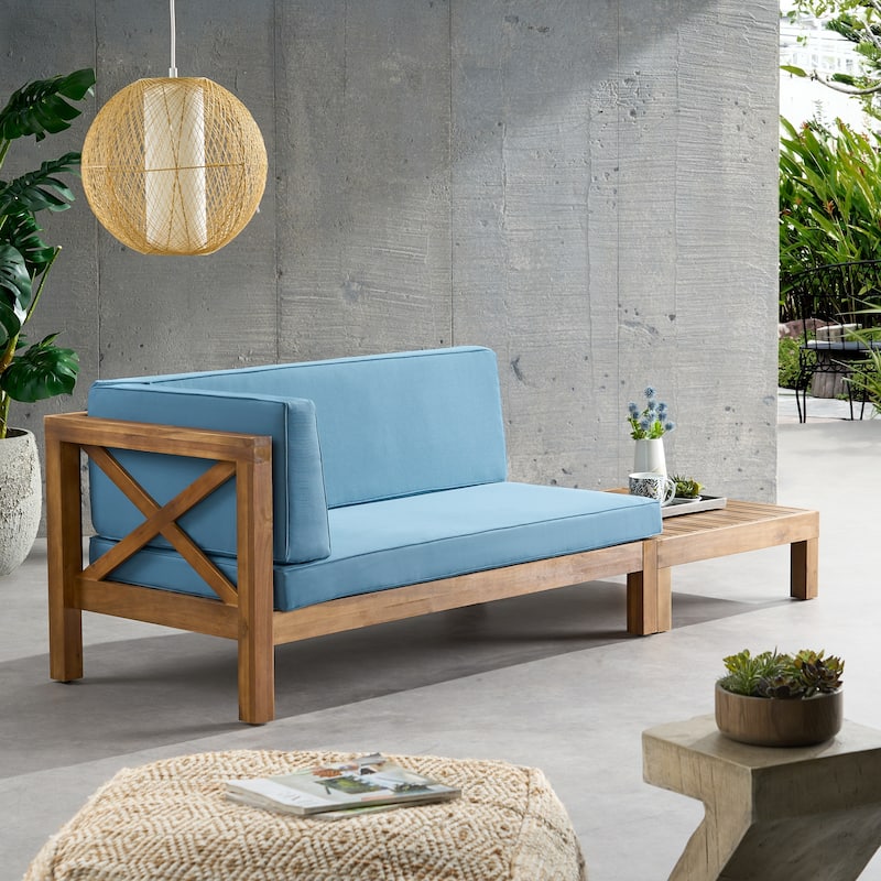 Brava Outdoor Acacia Wood Left Arm Loveseat and Coffee Table Set with Cushion by Christopher Knight Home - Teak/ Blue