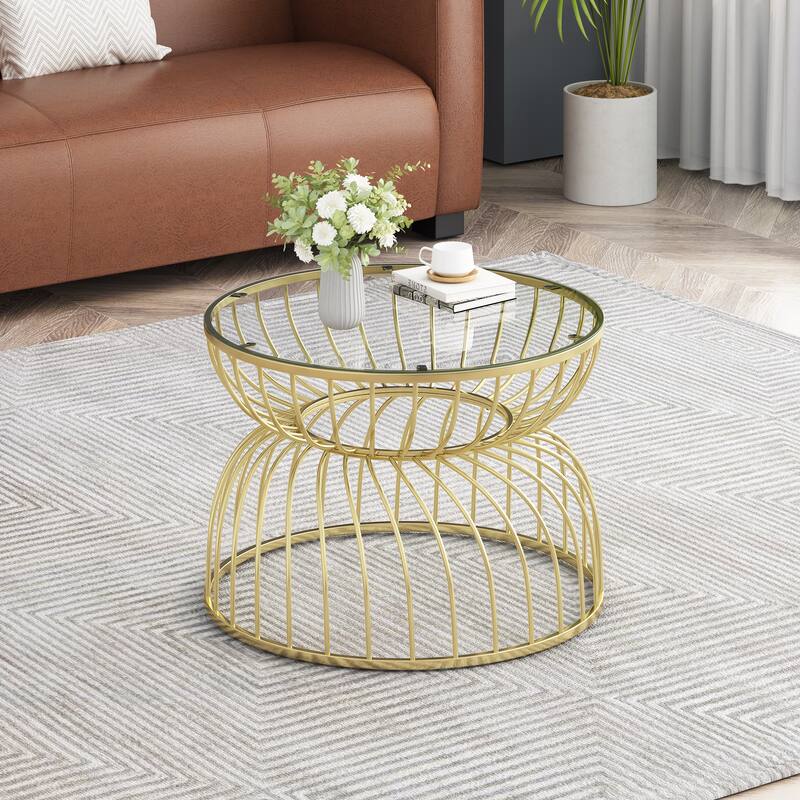 Versatile Hourglass Accent Table Round Coffee Table with Clear Tempered Glass Top and Gold Hollowed-out Lines Metal Frame