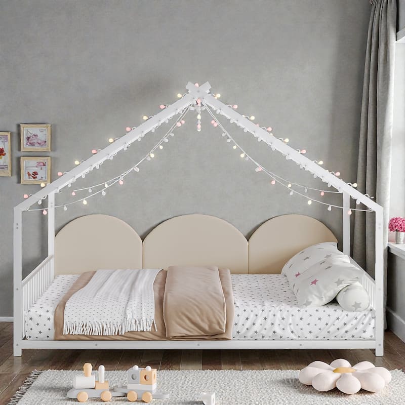 Full Size Kids House Bed Frame with LED Light Strips, Roof-Shaped Metal Floor Bed for Boys & Girls, No Box Spring Needed