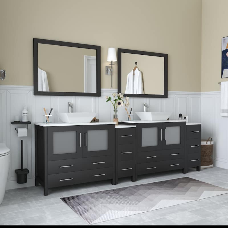 Vanity Art 96" Double Sink Bathroom Vanity Set with Engineered Marble Top and Free Mirror