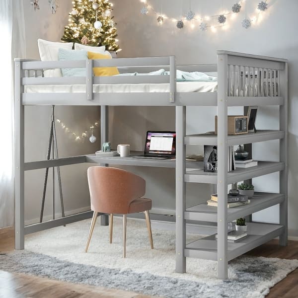 slide 2 of 16, Industrial Modern Full Size Loft Bed with Storage Shelves and Under-bed Desk, Sturdy Construction & Safety Guaranteed, Grey Grey