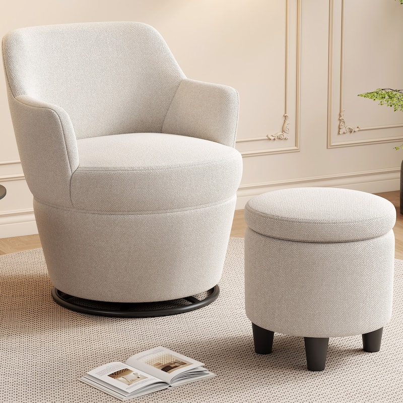 Swivel Accent Chair with Ottoman Lounge Barrel Chair with Nailhead Trim Swivel Round Barrel Chair for Living Room, Bedroom - White
