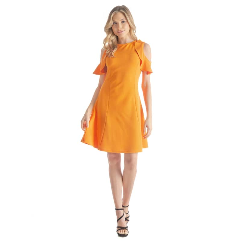 24seven Comfort Apparel Ruffle Cold Shoulder A Line Knee Length Dress - Orange - XL