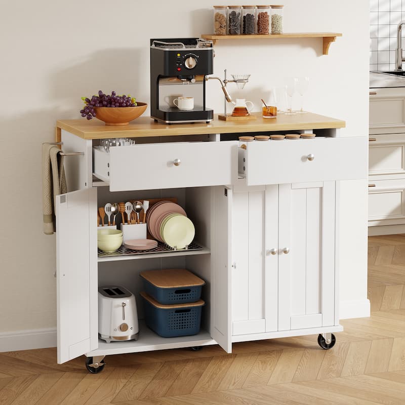 Kitchen Storage Island with 2 Drawers & Extendable Countertop - Rolling Storage Cart with Towel Rail, Lockable Wheels