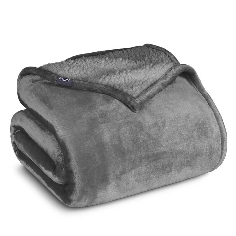Bare Home Sherpa Fleece Blanket - Reversible Plush Bed Blanket - King - Grey - Grey