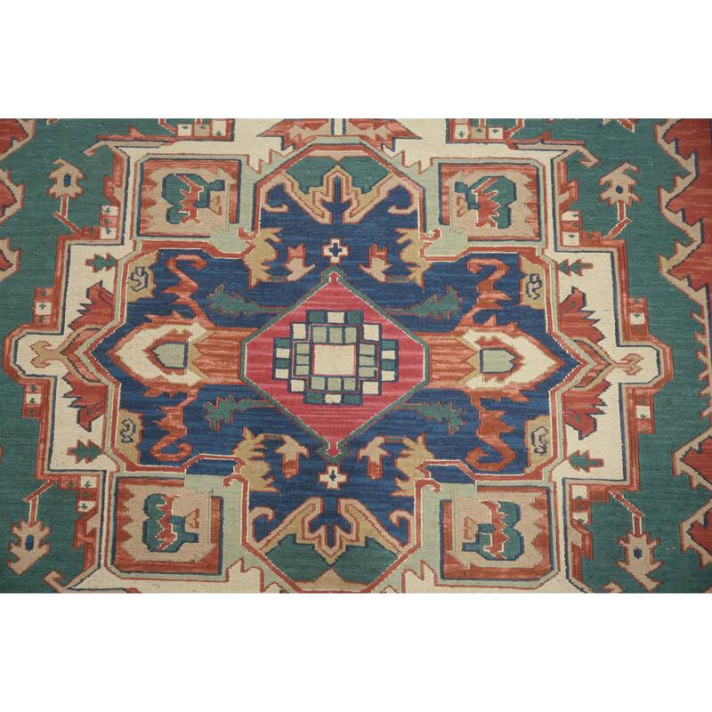 Hand Knotted Oriental 100% Wool Carpet Traditional Geometric Green Heriz (serapi) Area Rug - 8' 9'' X 5' 9''
