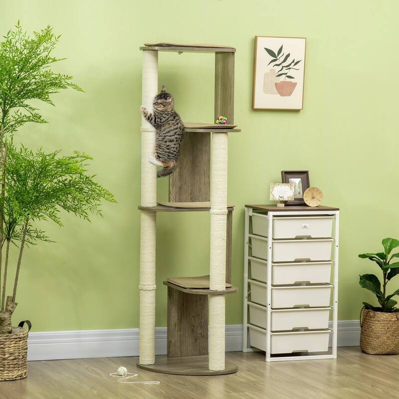 65" Corner Modern Cat Tree Tall for Climbing, Large Multilevel Cat Tower with Scratching Posts - Cream White