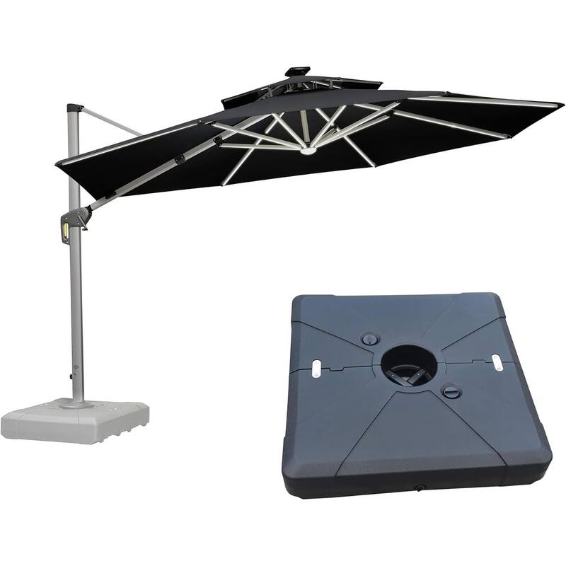 PURPLE LEAF 12 ft Double Top Solar powered LED Round Patio Cantilever Umbrella with Base - Grey