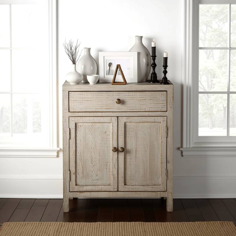 Lia Small Accent Cabinet, 2 Door, Drawer, Antique Style Whitewash Wood