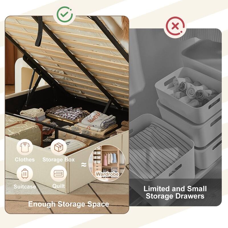 Linen Wingback Hydraulic Lift Up Storage Upholstered Platform Bed