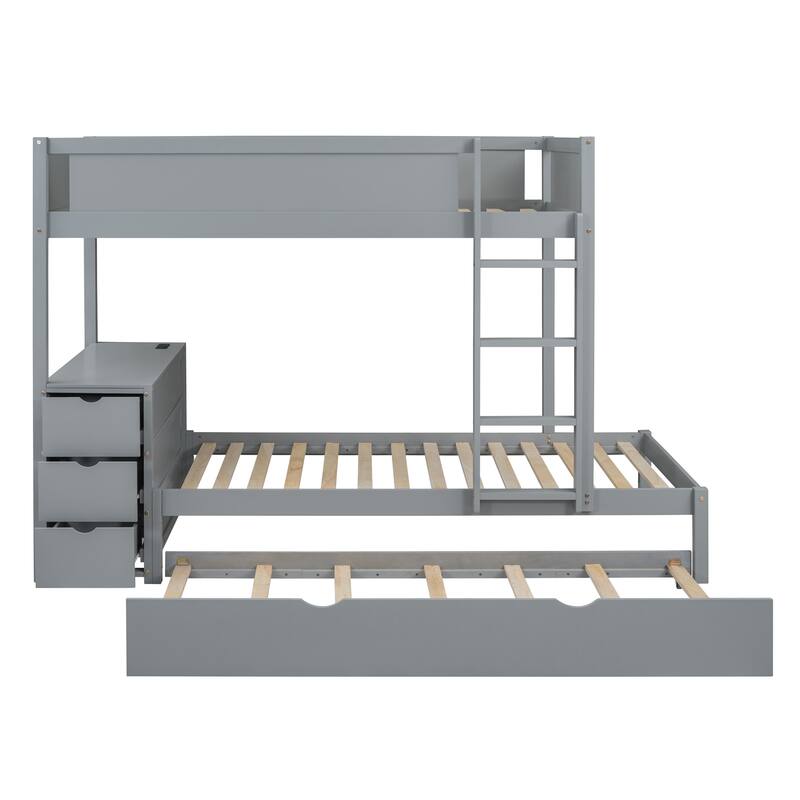 Twin-Over-Twin Bunk Bed with Trundle, Storage, and Desk in Gray