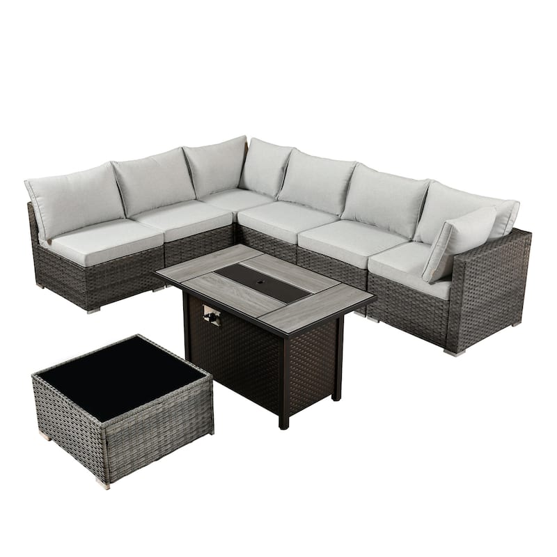 HOOOWOOO 8-piece Grey Wicker Patio Furniture Set Sectional Sofa with Fire Pit Table