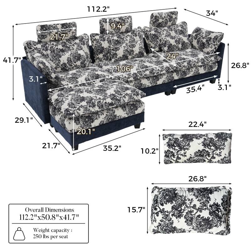Blue Chenille Sectional Sofa with Floral Fabric, 4-Seater L-Shaped Couch with Adjustable Headrests, Pillows, and Chaise Lounge