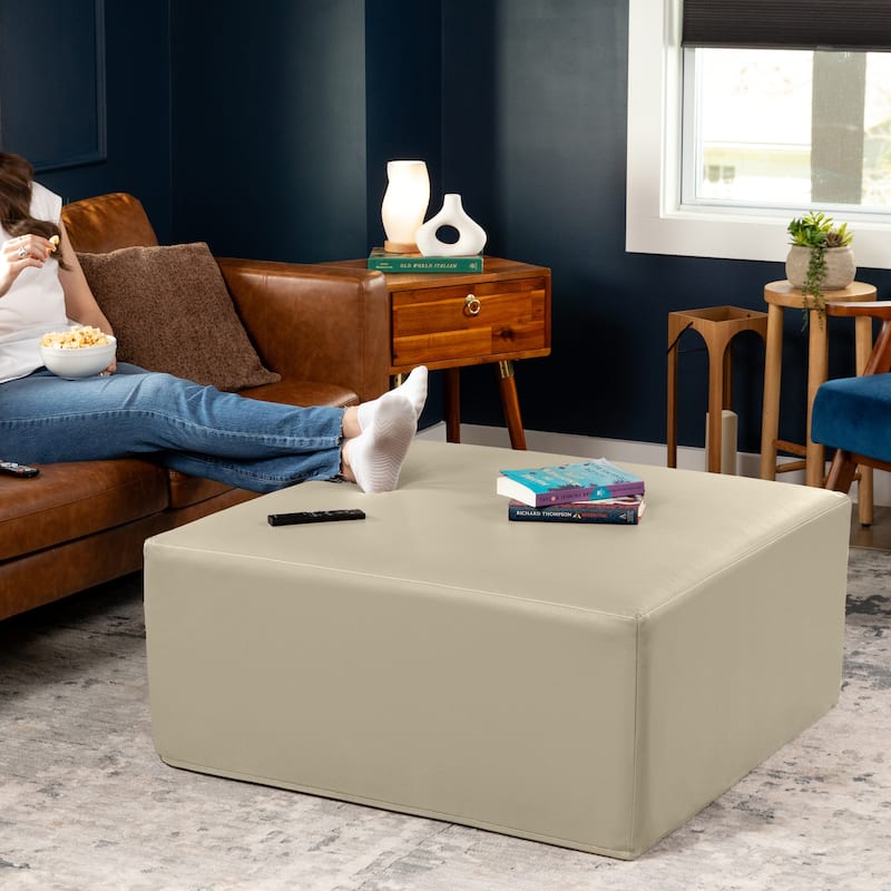 Jaxx Fairlie Couch Ottoman - Oversized Square Foam Coffee Table Ottoman - 36 Inch - Vegan Leather Natural