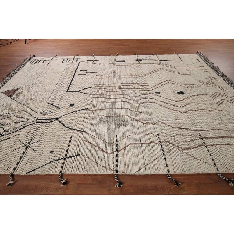 Earth Tone Moroccan Area Rug Handmade Stripe Wool Carpet - 8'8" x 12'11"