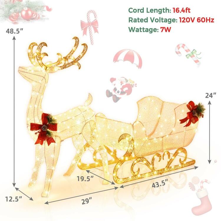6 Feet Christmas Lighted Reindeer and Santa's Sleigh Decoration with 4 Stakes - 19.5" x 72.5" x 48.5" (L x W x H)