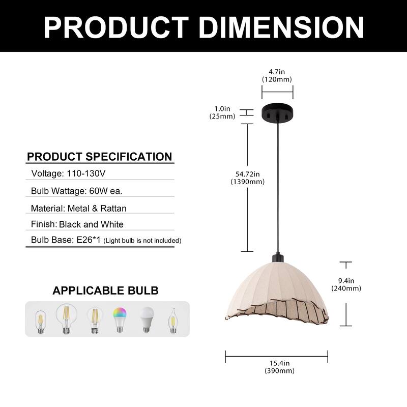 YANSUN BOHO Style Single-Light Woven Fabric Pendant Light, E26 Socket for Warm Ambiance - Black and White - 15.4*15.4*9.4