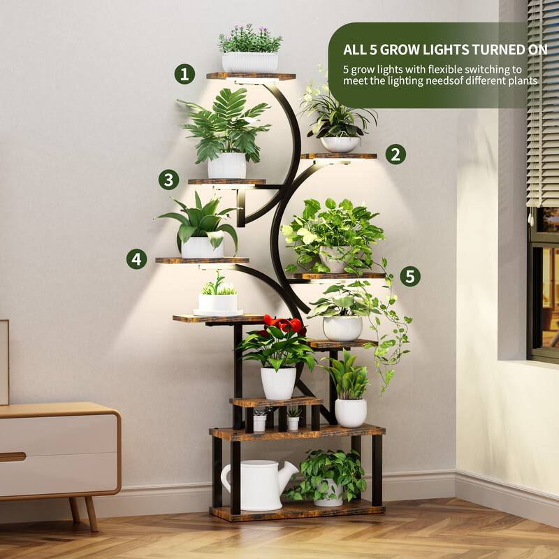 68.5 in. H Brown S-shaped MDF Indoor Plant Stand with 5 Grow Lights 10 Tiered Tall Plant Shelf 10-Level Stepless Dimming