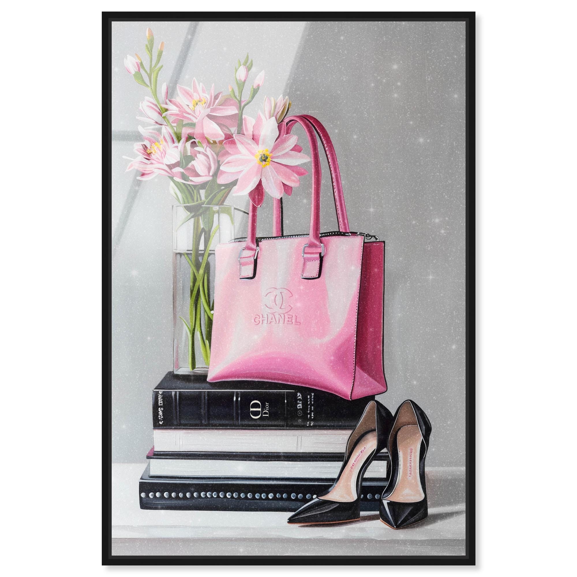 Delicate Pink Purse and Books Framed Acrylic Wall Art by Art Remedy
