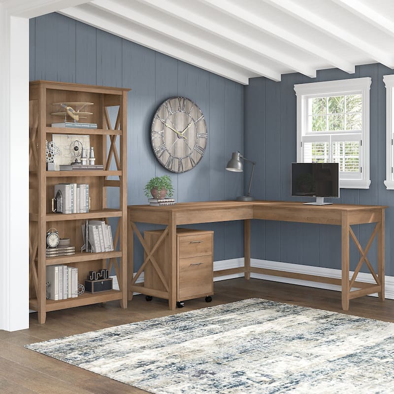 Key West 60W L Desk with File Cabinet and Bookcase by Bush Furniture - Reclaimed Pine