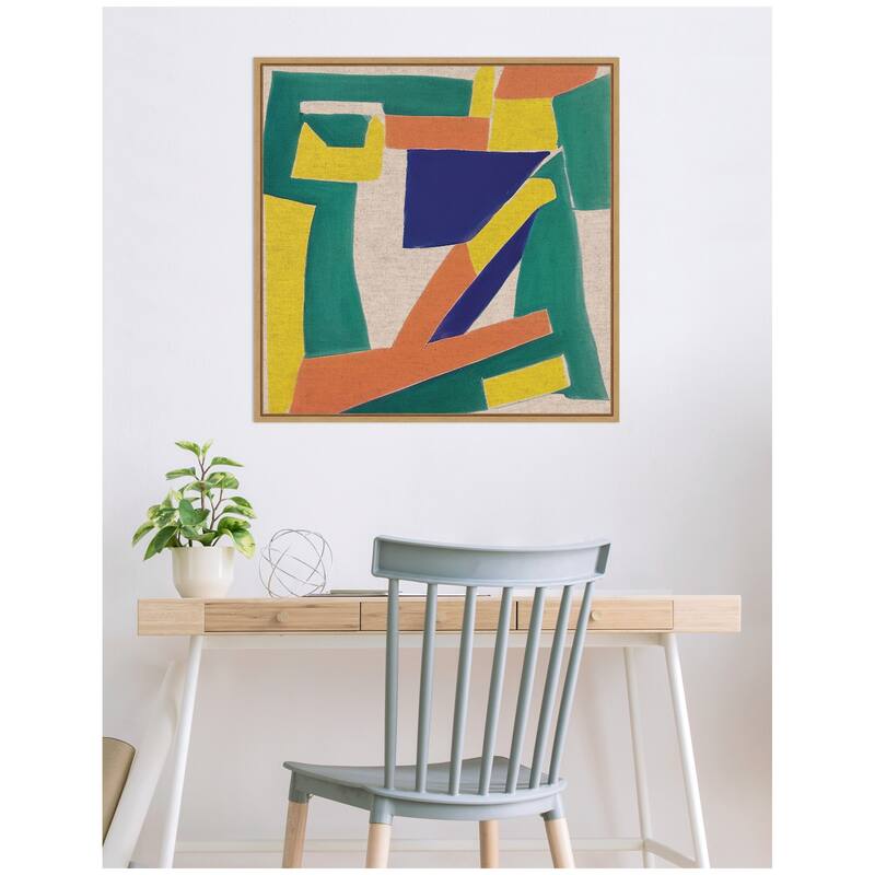 Kate and Laurel Sylvie Retro Refresh Painterly Shapes Neutral Linen Framed Canvas by The Creative Bunch Studio