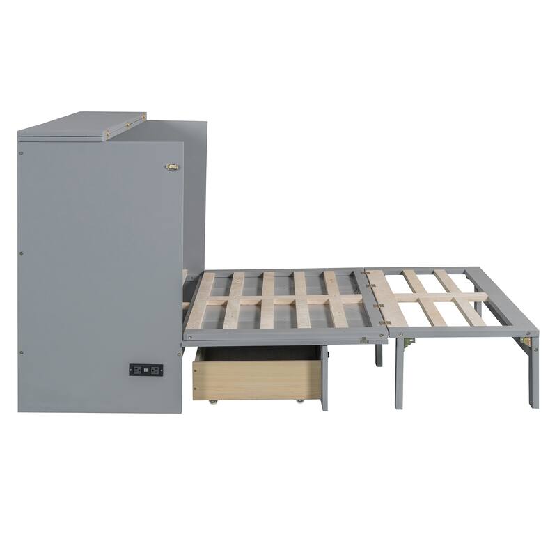 Space-Saving Full Size Murphy Bed with Large Drawers, USB Charging & Rattan Finish