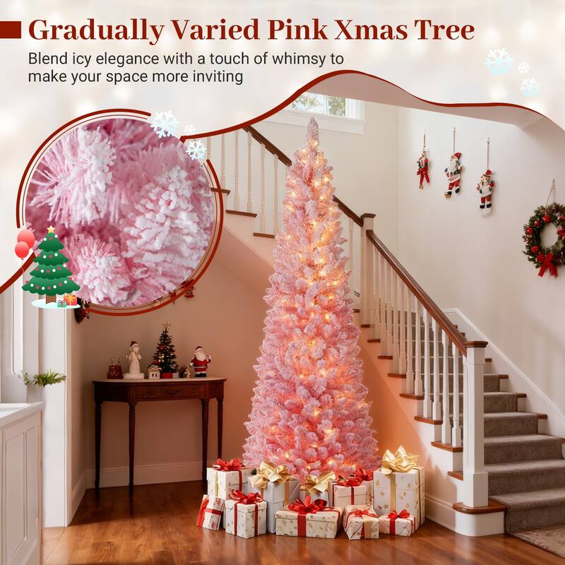Pink Slim Christmas Tree with LED Lights and Snow-Flocked PVC Branches Included Metal Stand and Gloves