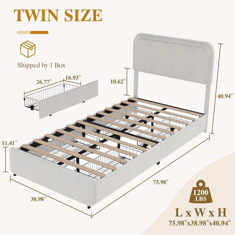 Boucle Upholstered Bed Frame, 2 Storage Drawers