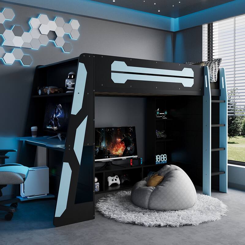 Esports Twin Loft Bed with Desk, Multi-storage Shelves and Light Strip