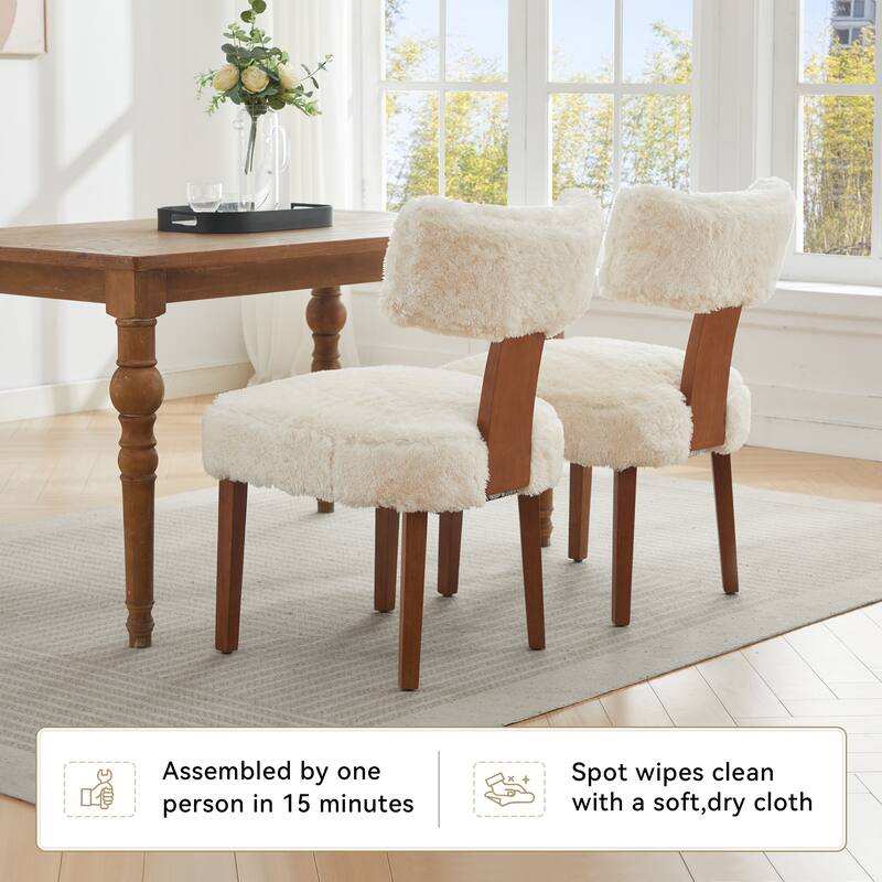 Dining Chairs Set of 2, Fur Fabric Armless Chairs with Curved Wingback and Solid Wood Legs for Dining Room