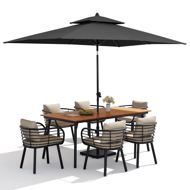 9PC Outdoor Patio Dining Set Aluminum Table with Sunbrella Cushion Chairs w/ Premium Market Umbrella Sets