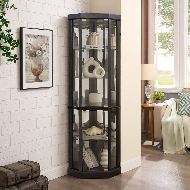 Corner Display Cabinet with Glass Door, Shelves & Light